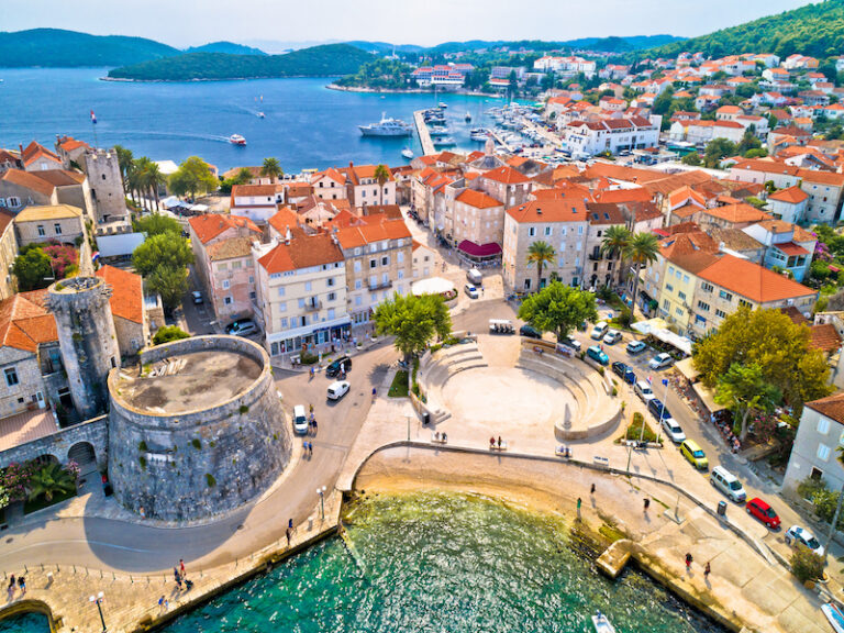 Korcula. Historic town of Korcula aerial panoramic view, island in archipelago of southern Croatia